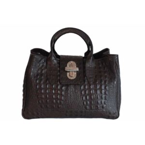 Δερμάτινη τσάντα χειρός με κροκό σχέδιο, laura, Σκούρο καφέ, iris bags