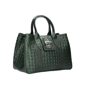 Δερμάτινη τσάντα χειρός με κροκό σχέδιο, laura, Σκούρο πράσινο, iris bags 1